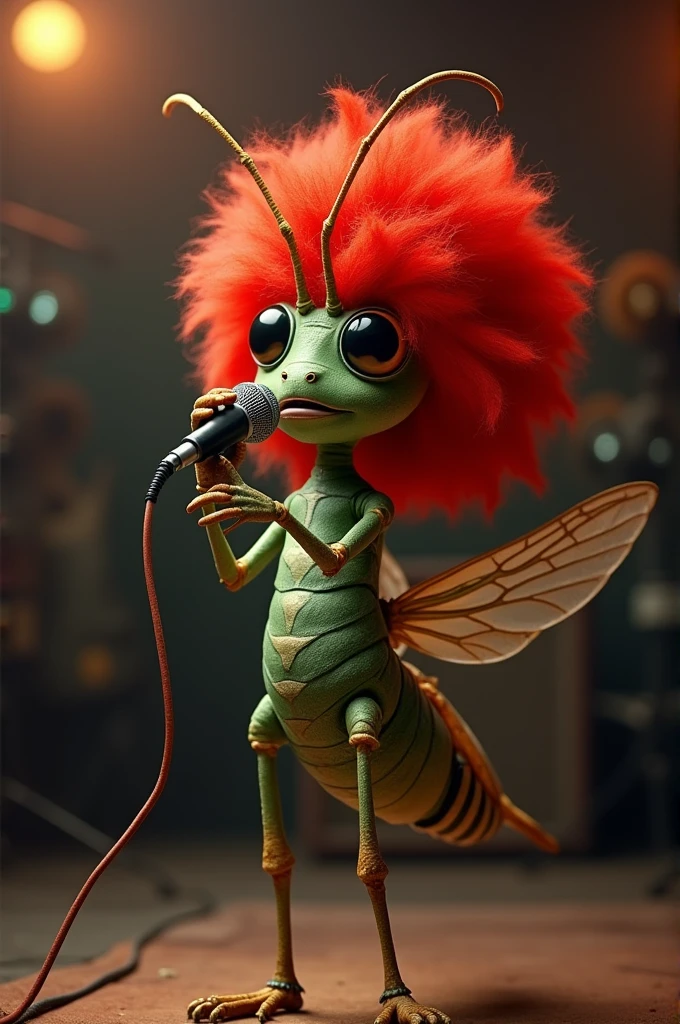 ((best quality)), ((masterpiece)), (detailed), perfect faceCreate an image of a cricket standing on a stage as if it were a human, maintaining all its natural characteristics, like antennas, articulated wings and legs. The cricket must be wearing a large, smooth red wig., that stands out against the blurred background. He must be singing into a microphone, with an expressive and lively pose. The stage must have some subtle details, such as lights and equipment, while the blurred background should create a sense of depth and focus on the cricket&#39;s performance