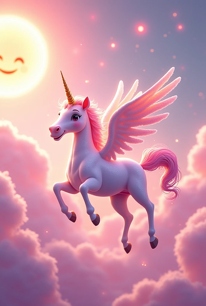 Happy flying unicorn with pink glitter background and happy sun