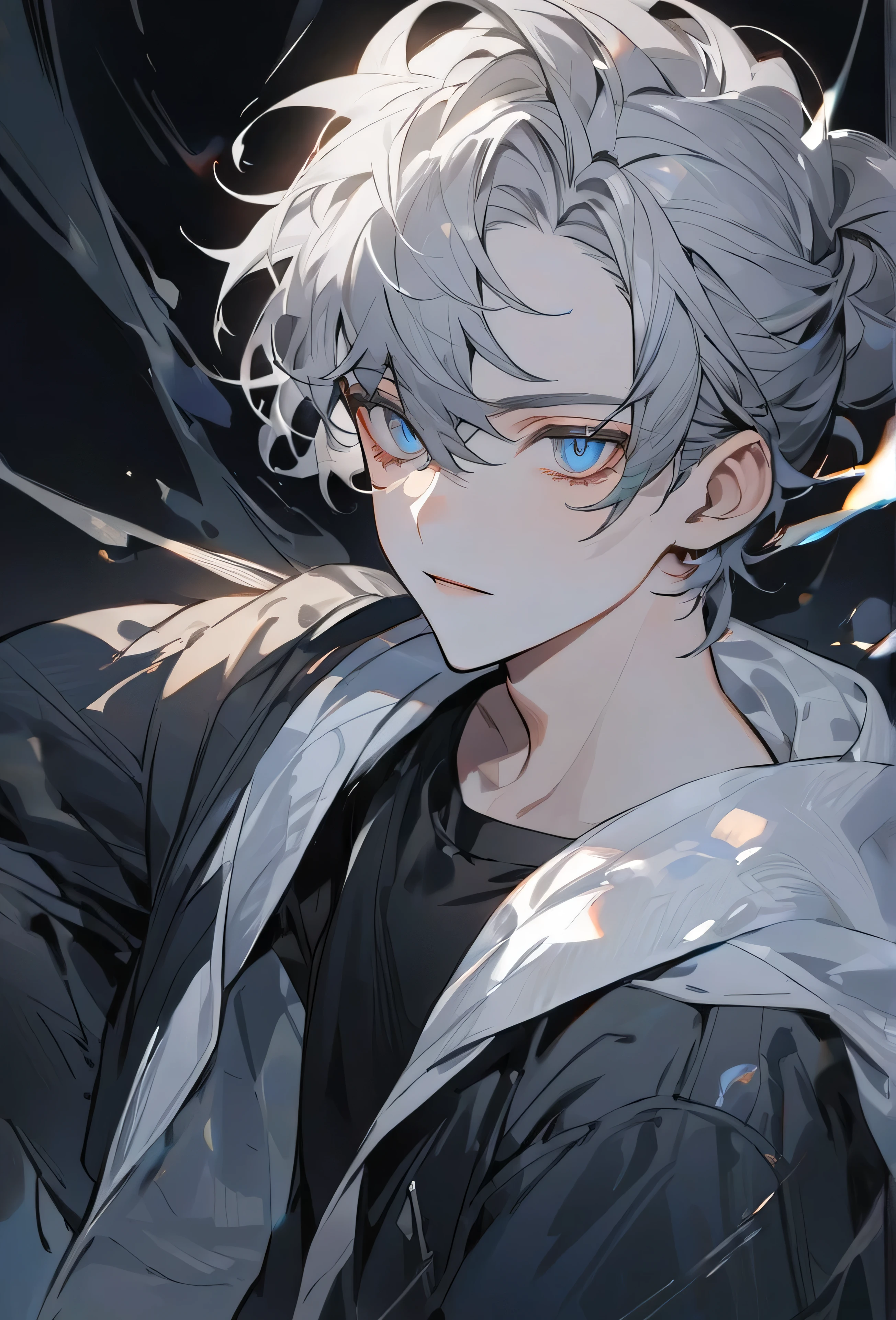 Man with shoulder-length white-gray hair in a mallow hairstyle, blue tired eyes, pale skin, wearing a black hoodie, oil paint