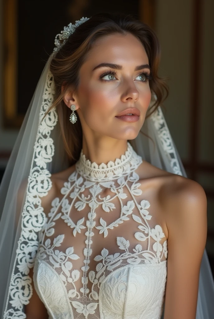 European woman model with hairstyle and veil wearing luxurious lace halter wedding dress