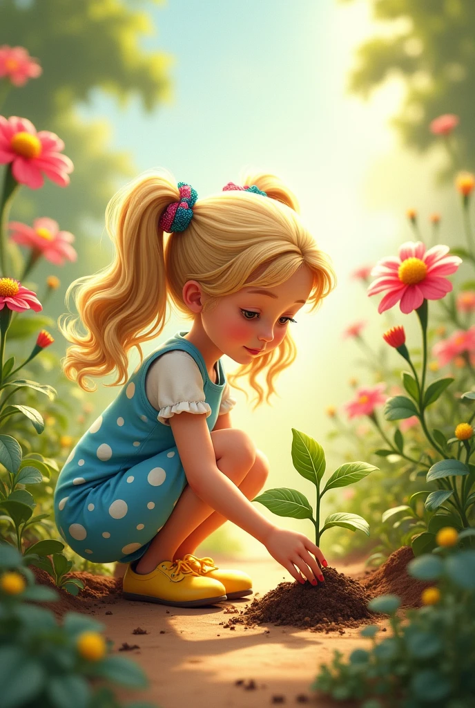 A focused girl with long, wavy light blonde hair in two high ponytails secured with colorful hair ties, wearing her light blue dress with white polka dots and yellow shoes, kneeling on a softly textured garden path, carefully planting a seedling in the rich soil. The background is filled with whimsical, exaggerated flowers, and the scene is illuminated by warm sunlight, creating a serene and nurturing mood, ultra-detailed, children's book illustration.
