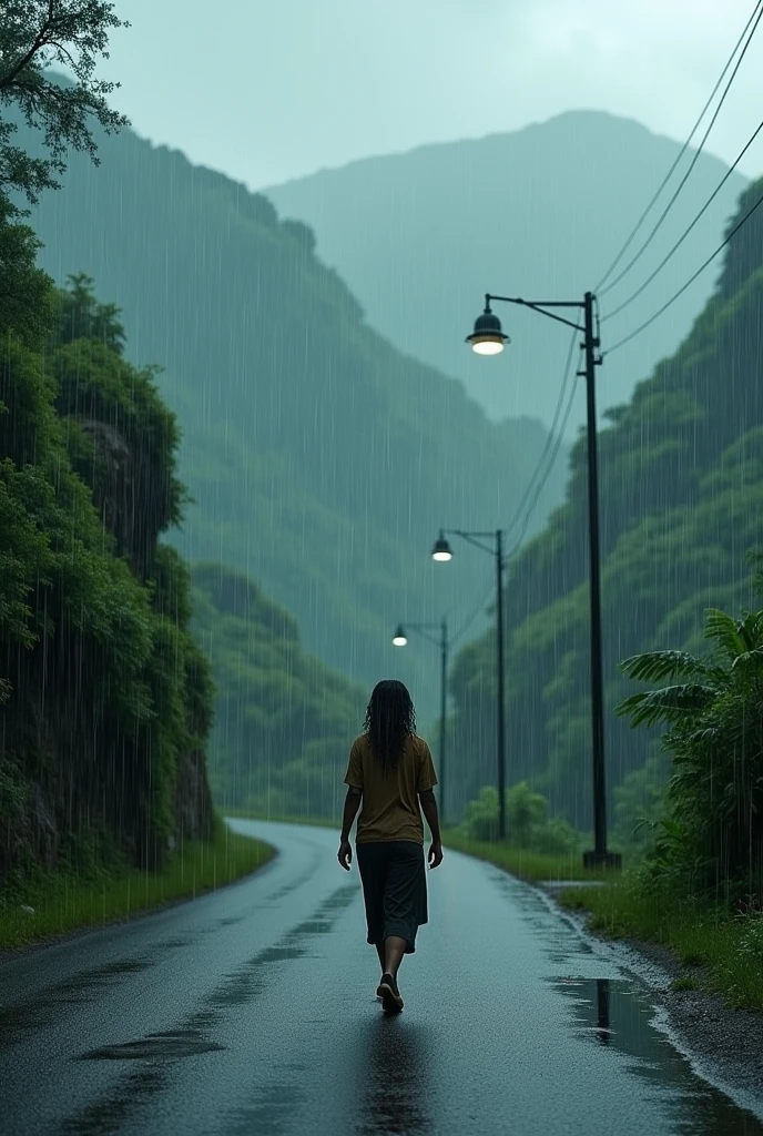 Jamaican mountain, heavy rain,2 lightpoles, one women walking down the road. More rain effects. No buildingsAND I SAID A LIGHTPOLE