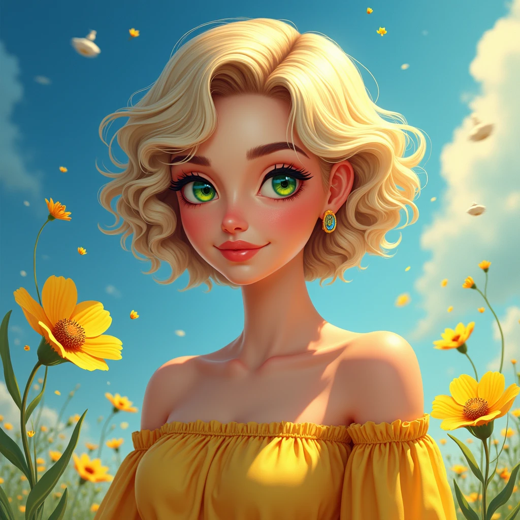 a beautiful ukrainian woman with blonde short curly hair, green years, animated, realistic, cartoon face, elegant and confident, digital art masterpiece, vibrant colors of blue and yellow, ukrainian flag, ukrainian flowers, best quality,4k,masterpiece,studio lighting,ultra-fine painting,sharp focus,professional,vivid colors,trending