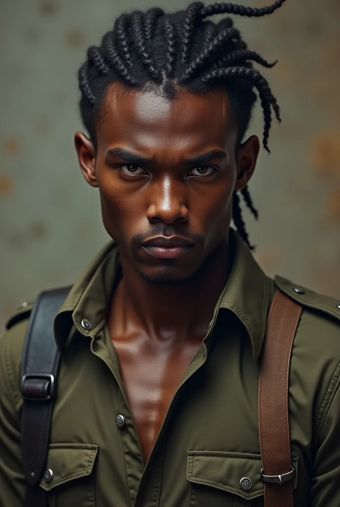 Create a dark-skinned boy, with dark skin, serious and intimidating. He is athletic, with wide shoulders, He has high cheekbones and an elongated face and wears a military shirt.. Her hair is braided.. Her eyes are hazel in color. (Make it look realistic) May he be young and handsome