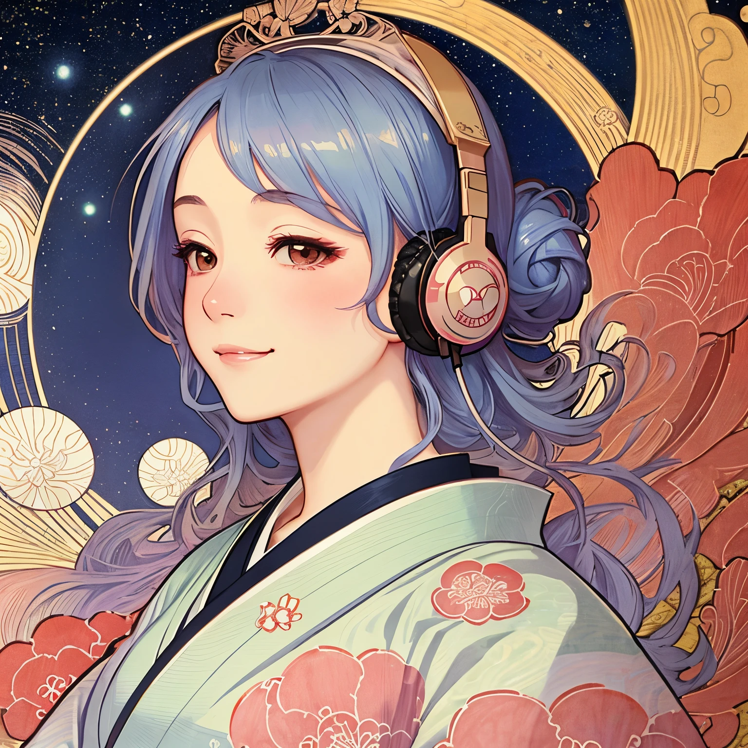 (masterpiece, highest quality, beautiful and aesthetic: 1.2), flower, delicate clothing, ((face)), cool face, beautiful lots sakura flowing background, (Alphonse Mucha's), Gradient color hairstyle, Ultra-detailed, Soft Light, Gentle colors, solo, colorful japanese clothes, bun hair, medium hair, Dutch Angle, frame, Ukiyo-e, profile, ((headphones)), ((background: night, starry sky)), ((ukiyo-e style)), ((smile)), ((1 girl)),