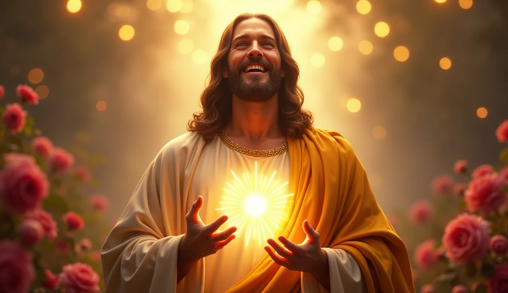 Ultra realistic Christ smiling with loving face with hands in blessing gesture to the viewer, golden cloak. his heart is ultra radiant, loving, shining eyes to the viewer, of light to convey depth and rose garden background, many lights coming from the sky