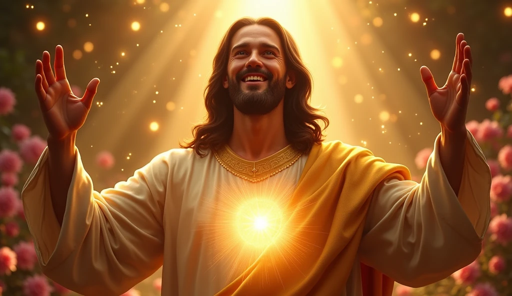 Ultra realistic Christ smiling with loving face with hands in blessing gesture to the viewer, golden cloak. his heart is ultra radiant, loving, shining eyes to the viewer, of light to convey depth and rose garden background, many lights coming from the sky