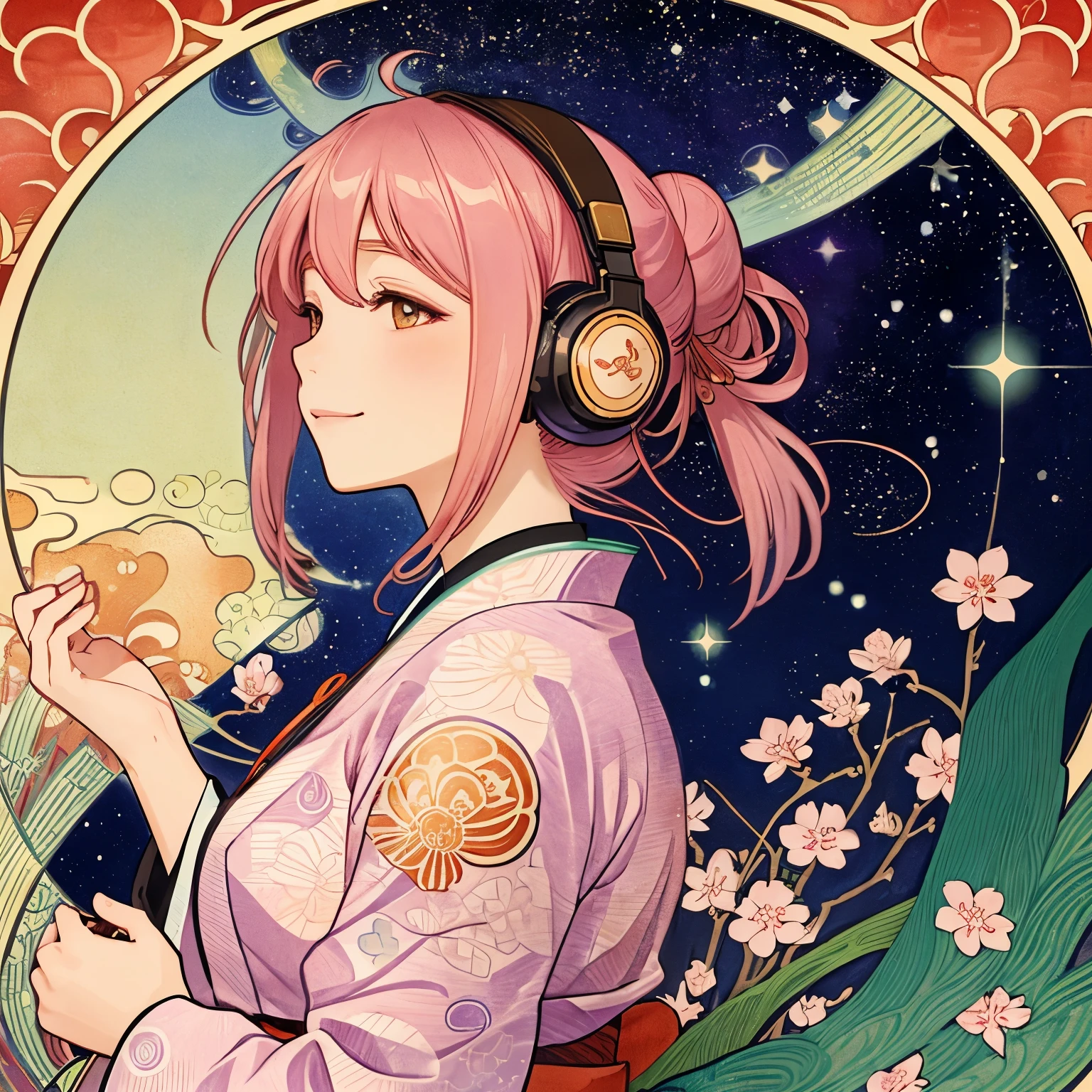 (masterpiece, highest quality, beautiful and aesthetic: 1.2), flower, delicate clothing, ((face)), cool face, beautiful lots sakura flowing background, (Alphonse Mucha's), Gradient color hairstyle, Ultra-detailed, Soft Light, Gentle colors, solo, colorful japanese clothes, bun hair, medium hair, Dutch Angle, frame, Ukiyo-e, profile, ((headphones)), ((background: night, starry sky)), ((ukiyo-e style)), ((smile)), ((1 girl)),