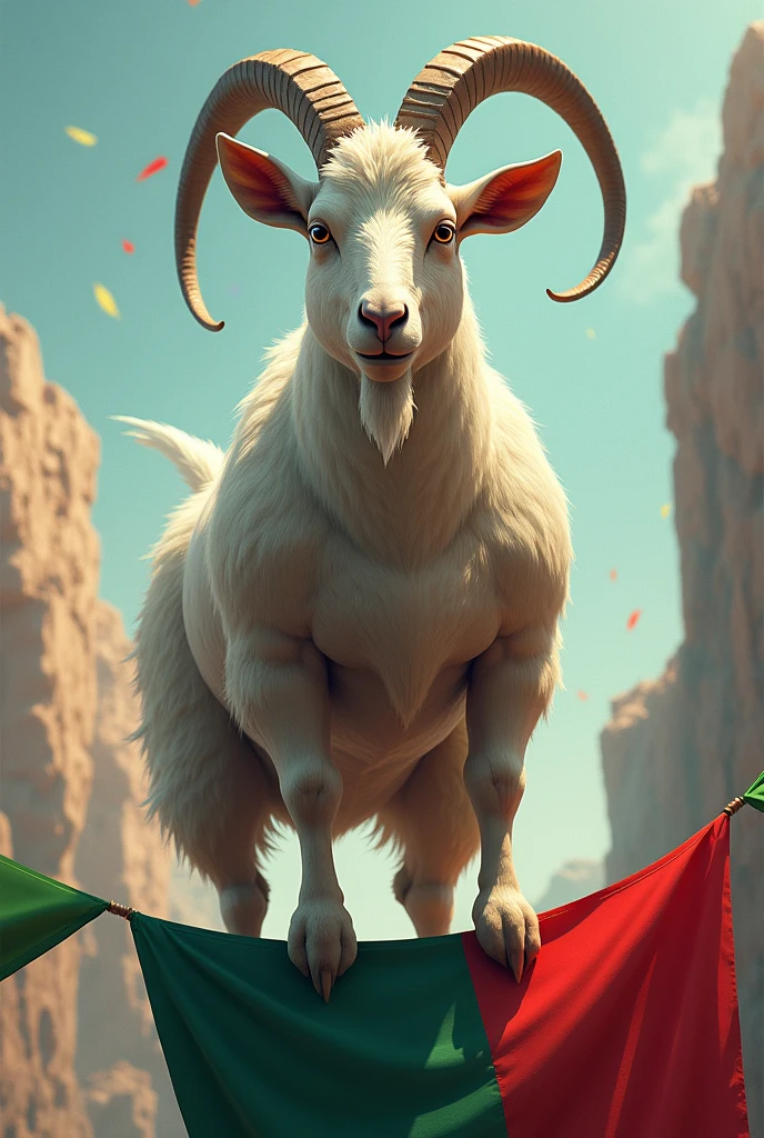 A muscular goat with horns on, standing on two pennants, one green and the other red.
