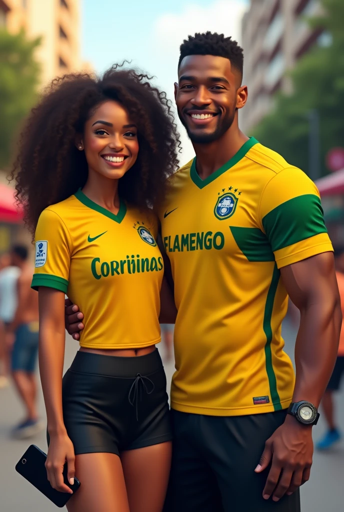  brown woman with a Corinthians shirt and a black mini skirt with very curly hair and brown eyes holding a black cell phone and smiling with a brown man with a Flamengo shirt with black shorts and smiling 