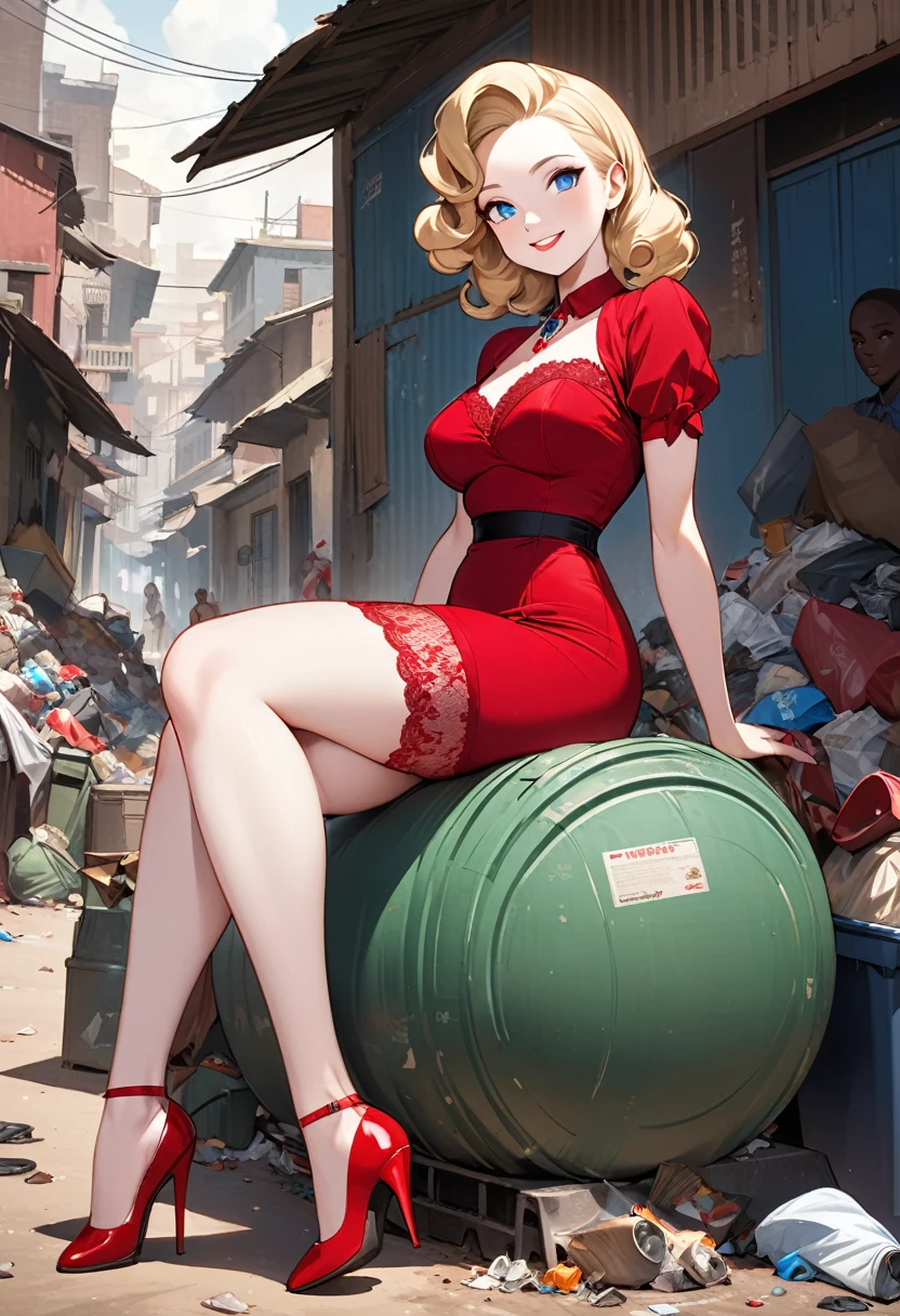masterpiece,full body, small size head, Stunning elegant Blonde lady, 1940s hairstyle,pale skin, blue eyes, stunning, smile face, stockings,  she wear lace red dress, red stilettos , jewels,thick calves, super thick legs , super big ass. She is sitting on garbage in poor african Town that there are a Lot of garbage.