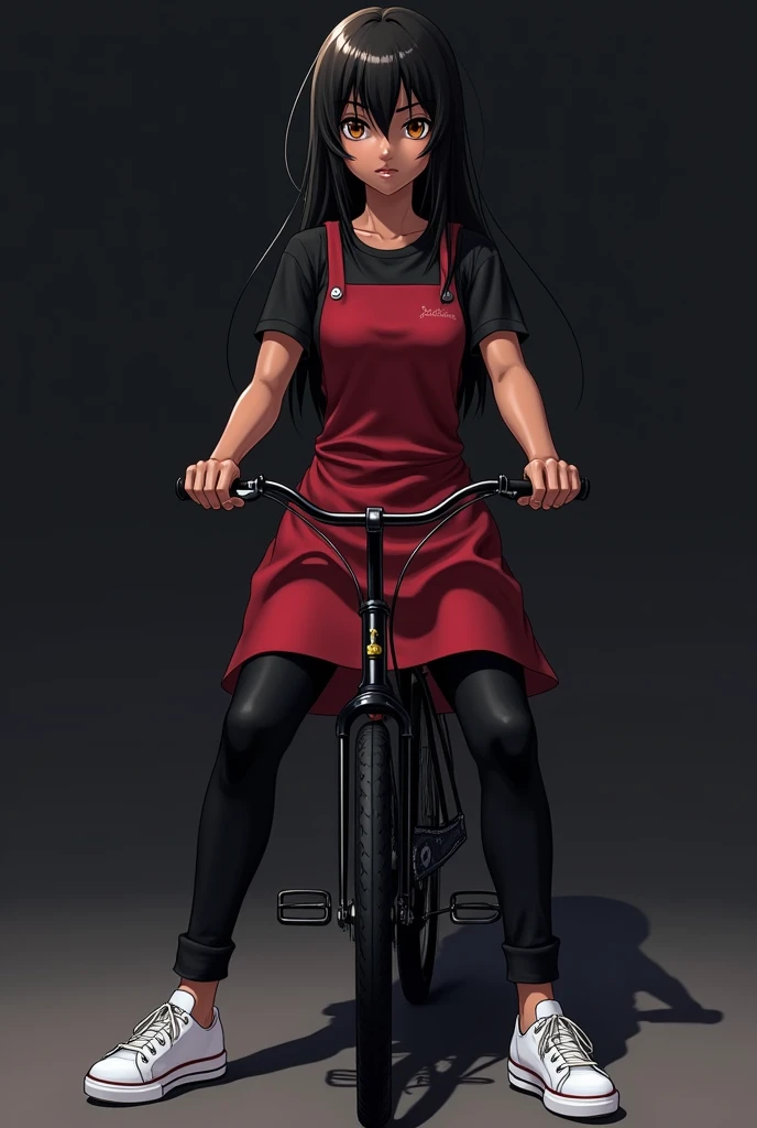 "An anime style girl, about 20 years old, with dark skin and a somewhat robust complexion, having masculine features. Her hair is long, Black and messy, with brown pupils and noticeable dark circles. He wears a black shirt, a red apron, black pants and white tennis shoes. On a black bike posing for a photo."