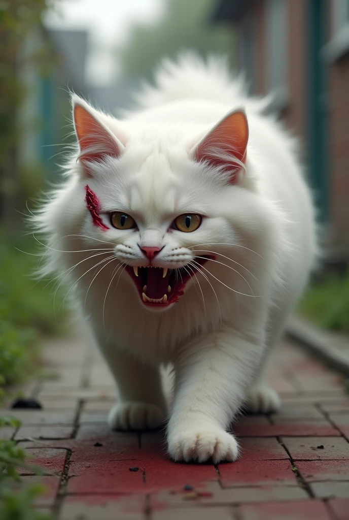 A white cat bitten by a dog,