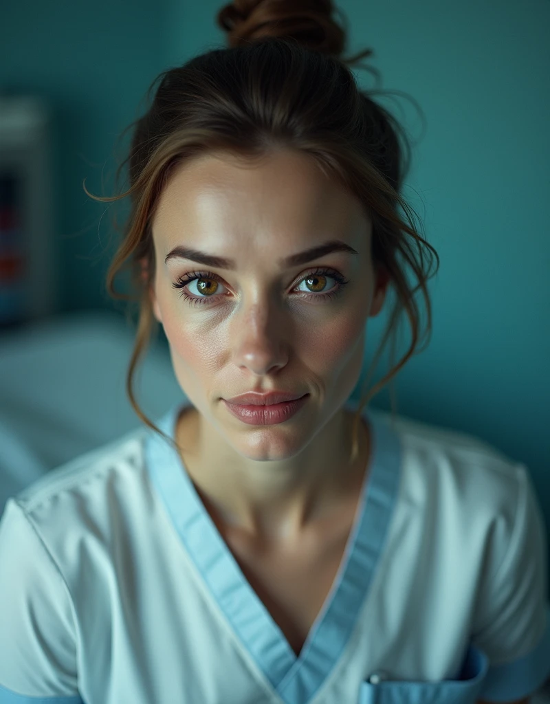 a beautiful european nurse looking at a patient's bed, watching them intently with a captivating smile, a genuine expression of care and devotion, shot from a high angle to emphasize her mature, skilled nursing presence, Her transparent, mesmerizing eyes conveying a sense of gentle severity, (best quality,4K,8K,high resolution,artwork:1.2),Ultra-detailed,(realistic,photorealistic,photorealistic:1.37),digital painting,chiaroscuro lighting,cinematic composition,dramatic lighting,intricate details,vibrant colors,elegant,sophisticated,serene,soothing