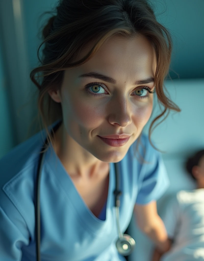 a beautiful european nurse looking at a patient's bed, watching them intently with a captivating smile, a genuine expression of care and devotion, shot from a high angle to emphasize her mature, skilled nursing presence, Her transparent, mesmerizing eyes conveying a sense of gentle severity, (best quality,4K,8K,high resolution,artwork:1.2),Ultra-detailed,(realistic,photorealistic,photorealistic:1.37),digital painting,chiaroscuro lighting,cinematic composition,dramatic lighting,intricate details,vibrant colors,elegant,sophisticated,serene,soothing