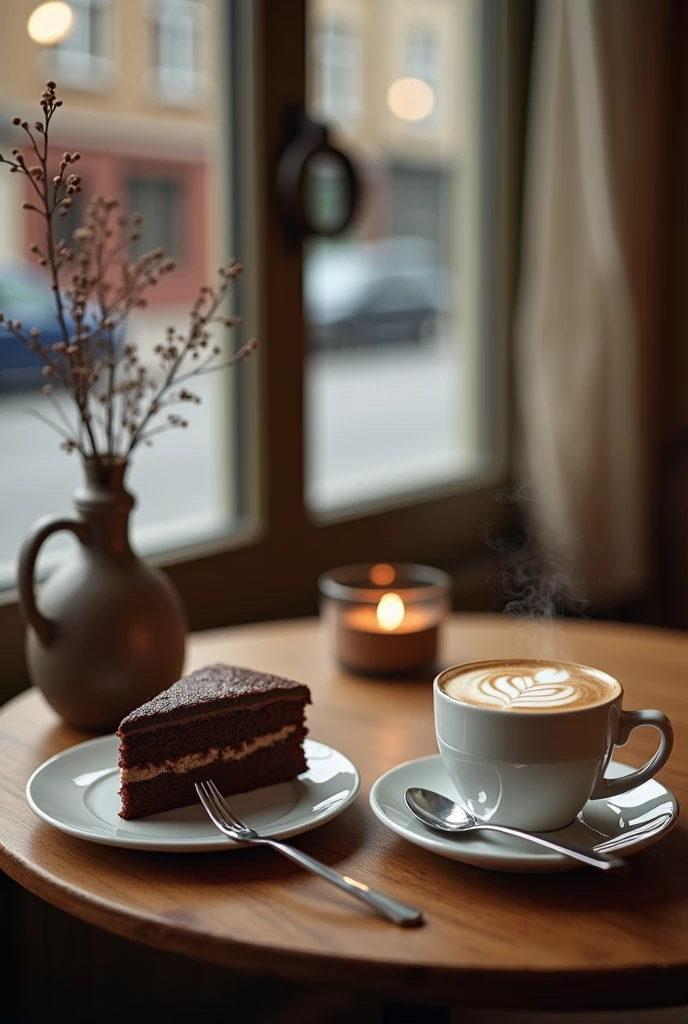 The image shows a wooden table with a cup of coffee and a slice of chocolate cake on it. The cup is filled with a dark brown liquid, possibly coffee, and has a latte art design on top. There is a silver spoon on the saucer next to the cup. The plate next to it has a fork and knife on it, suggesting that the meal is ready to be eaten. In the background, there is a window with a view of a street and a tree.