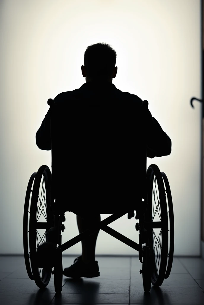 Silhouette of a man sitting in a wheelchair with his right leg amputated, turning his back to the viewer