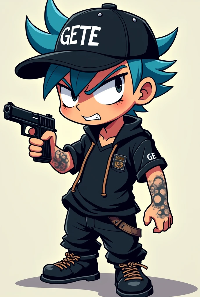 Create a male cartoon character with blue hair wearing a cap with the word GETE written on it and wearing black clothes holding a pistol with an angry expression.