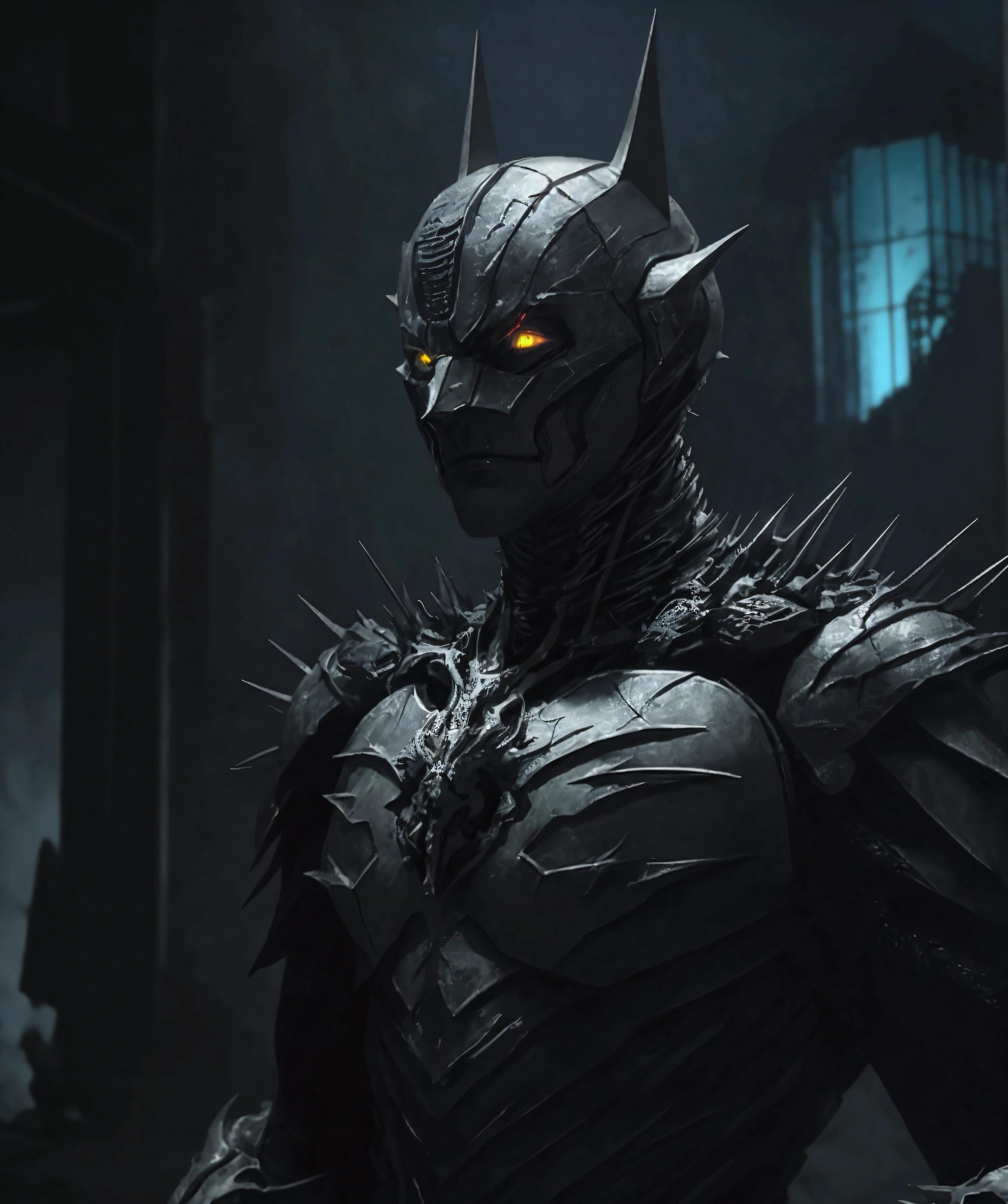 

A breathtaking, cinematic science fiction portrait of the Dark Knight, an ominous figure with metal skin that shimmers under the dim, shattered light. His body is adorned with menacing spikes and intricate, glowing circuits embedded deep within the metallic surface, pulsating with life. His eyes are a striking multicolored glow, with a multifaceted, gem-like quality that reflects a spectrum of colors, adding an otherworldly intensity to his gaze. His metallic arms, covered in sharp edges and glowing lines, contrast against the dark and destroyed building surrounding him, which hints at a cataclysmic past. The creature's entire presence is incredibly menacing, with each detail meticulously rendered to create an atmosphere of awe and fear, capturing the essence of an award-winning, highly detailed sci-fi masterpiece.