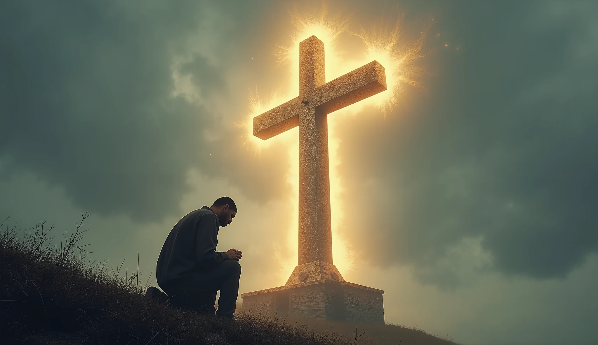 a man praying in middle a hyper realistic cross approximently 8 feet tall, mounted on solid brick that is unmoveable, the background shows a cloudy day on a hill. The cross has bright hyper realistic angelic highlights on it