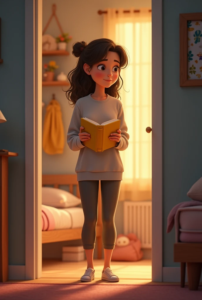 A young pixar style mom coming out of her sleeping daughter&#39;s room with a yellow book in her hands