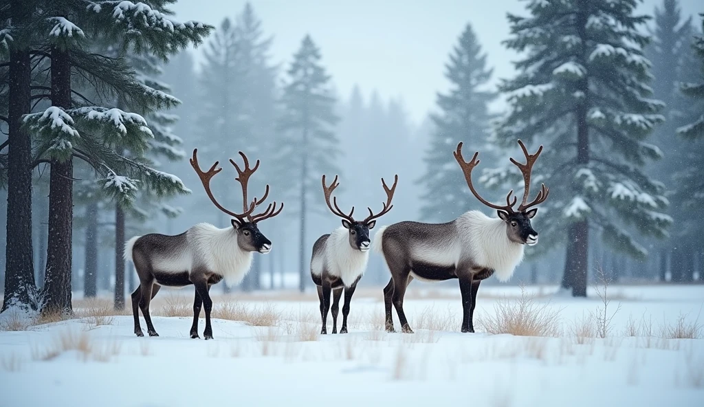 a serene scene in a snow covered forest, A group of majestic reindeer with thick fur and imposing antlers moving calmly between the tall trees are gathered in a small cleared area of the forest.. Snow falls gently from the light grey sky, covering the ground and trees with a soft, shiny layer. The pine trees, tall and robust, They are adorned with a light layer of snow on their branches. The atmosphere is calm and peaceful., with a fresh and pure air that highlights the natural beauty of the environment. The background shows a cloudy sky that gives a feeling of calm and stillness, while the reindeer enjoy the winter surroundings, HORIZONTAL IMAGE, masterpiece, Best Quality, High resolution 1024X432 [21 : 9]