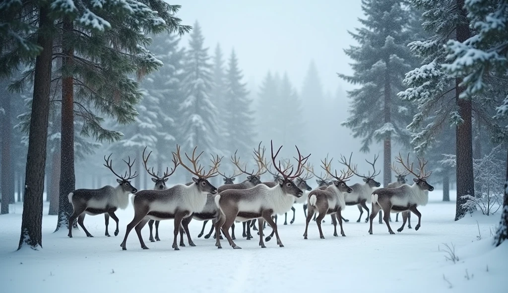 a serene scene in a snow covered forest, A group of majestic reindeer with thick fur and imposing antlers moving calmly between the tall trees are gathered in a small cleared area of the forest.. Snow falls gently from the light grey sky, covering the ground and trees with a soft, shiny layer. The pine trees, tall and robust, They are adorned with a light layer of snow on their branches. The atmosphere is calm and peaceful., with a fresh and pure air that highlights the natural beauty of the environment. The background shows a cloudy sky that gives a feeling of calm and stillness, while the reindeer enjoy the winter surroundings, HORIZONTAL IMAGE, masterpiece, Best Quality, High resolution 1024X432 [21 : 9]