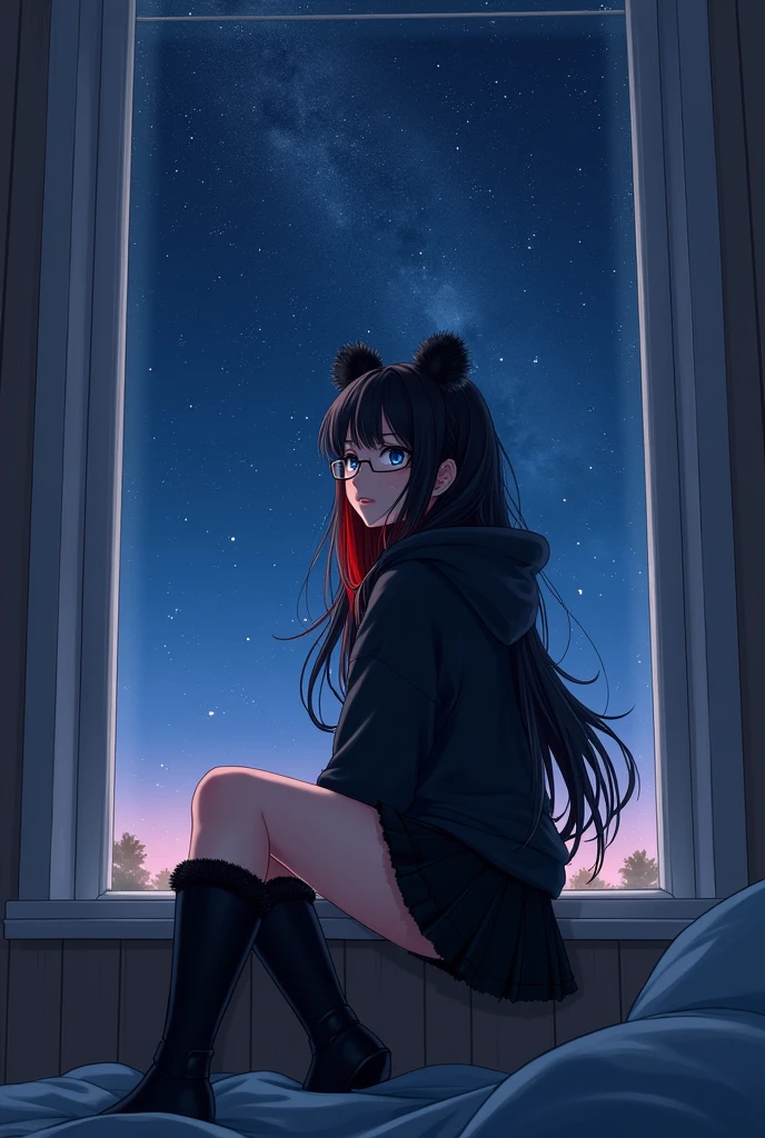 A 20-year-old Russian girl with black long hair who has dark blue eyes And in her hair she has one highlight of red, as for her clothes she wears a black hoodie with bear hears attached to the hood and a black half skirt and for the shoes she wears black boots with black furring, for the accessories she wears black glasses. This girl is watching the sky full of stars from her bedroom window