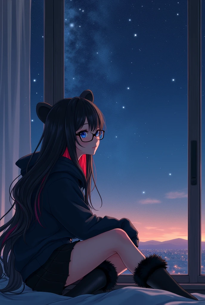 A 20-year-old Russian girl with black long hair who has dark blue eyes And in her hair she has one highlight of red, as for her clothes she wears a black hoodie with bear hears attached to the hood and a black half skirt and for the shoes she wears black boots with black furring, for the accessories she wears black glasses. This girl is watching the sky full of stars from her bedroom window