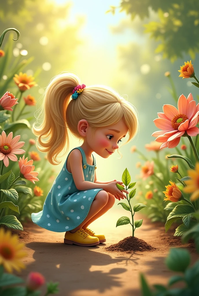 A focused girl with long, wavy light blonde hair in two high ponytails secured with colorful hair ties, wearing her light blue dress with white polka dots and yellow shoes, kneeling on a softly textured garden path, carefully planting a seedling in the rich soil. The background is filled with whimsical, exaggerated flowers, and the scene is illuminated by warm sunlight, creating a serene and nurturing mood, ultra-detailed, children's book illustration.