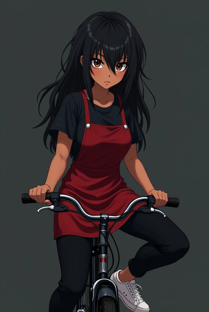 "An anime style girl, about 20 years old, with dark skin and a somewhat robust complexion, having masculine features. Her hair is long, Black and messy, with brown pupils and noticeable dark circles. He wears a black shirt, a red apron, black pants and white tennis shoes. On a black bike posing for a photo."