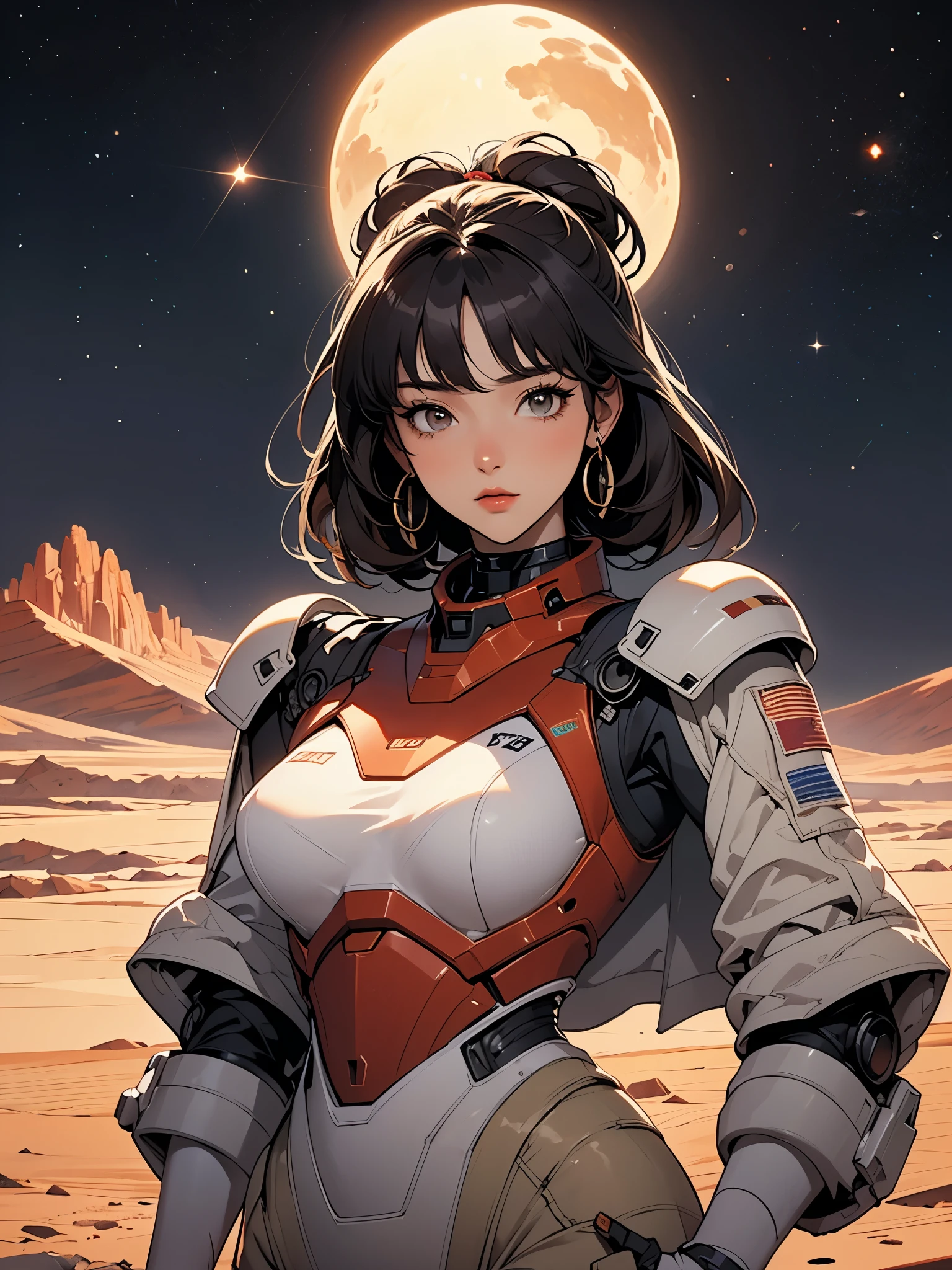 (work of art, best qualityer, ultra detali:1.3), mechgirl. The mars rover opportunity reimagined as an attractive anime woman, in mars, desert, dust. solar panels. "hybrid human-rover" mechgirl