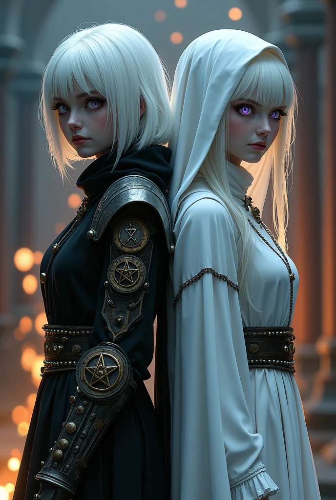 Two albino girls from the Middle Ages, back to back, white haired, light violet eyes,
the girl on the left wearing dark alchemist clothes, shorth hair, wearing steampunk prosthetic arm with raised pentagram, the girl in white nun clothes, with cross necklace, in front of the execution of a bonfire, the night