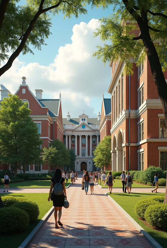 Beautiful realistic university landscape with many details