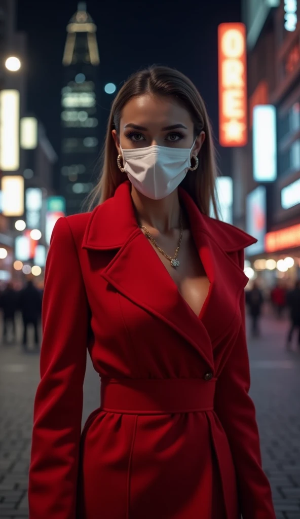 Beautiful woman in a red coat、White mask on the mouth、City of night