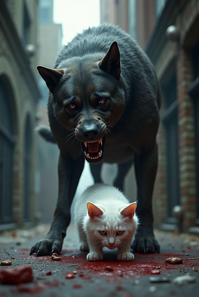 A white cat bitten by a dog, show the dog trying to attack the cat