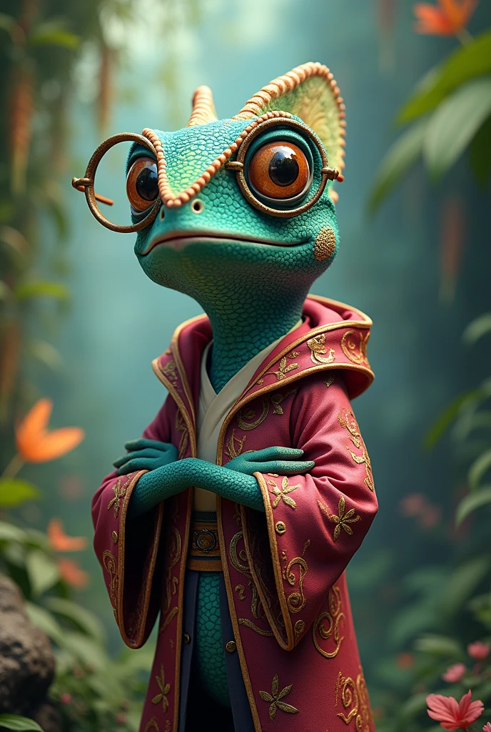 Animated chameleon with glasses and robe