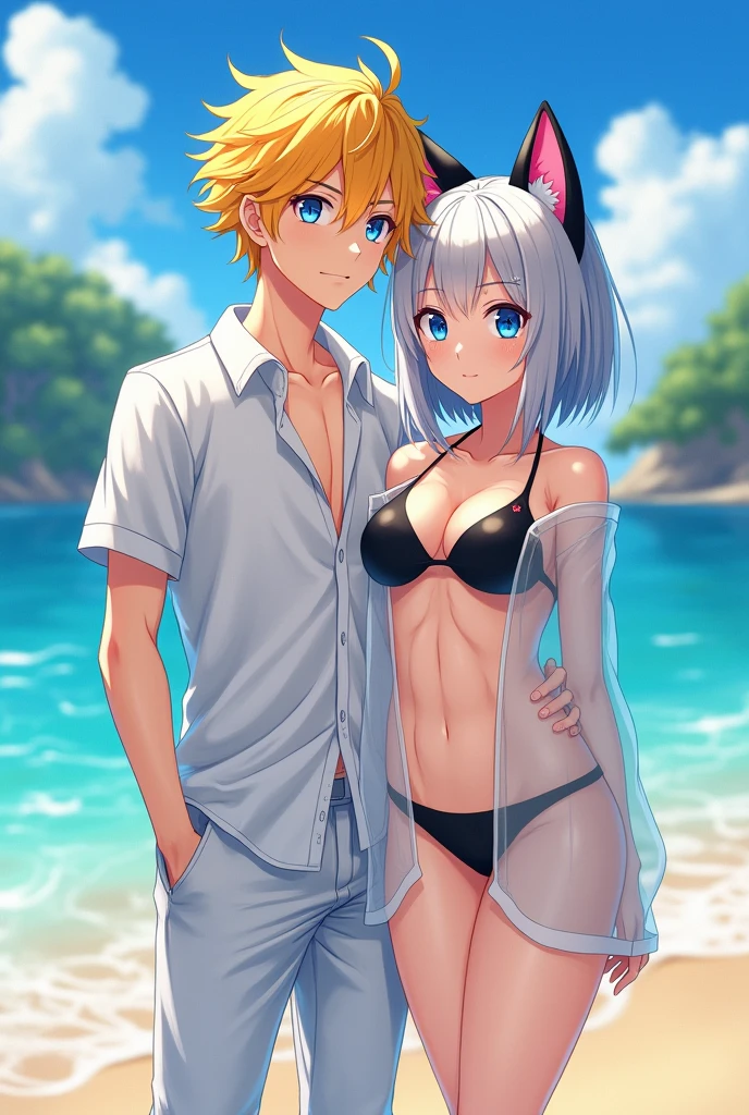 Masterpiece, anime, anime style, Kami-sama ni Natta Hi art style, greatest anatomy, detailed anatomy, duo, two people, a boy and a girl.
a boy yellow hair, blue eyes, wear beach shirt, and white pants.
a girl light gray hair and eyes, bob hair style, black catgirl ears and pink inside, d cup tits size, wear black bra and panties and transparent shirt.
They standing at beach.