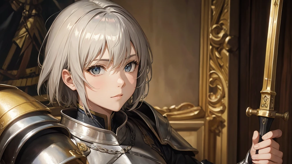 oil painting look, Jeanne d'Arc, yellow short hair, silver armour, face closeup, victory