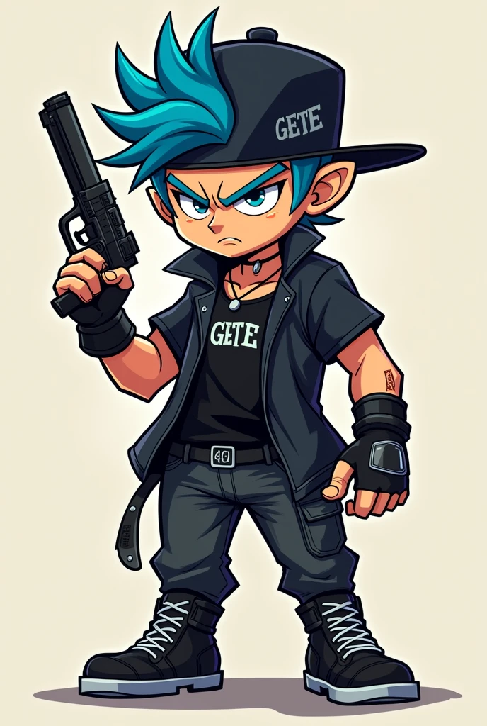 Create a male cartoon character with blue hair wearing a cap with the word GETE written on it and wearing black clothes holding a pistol with an angry expression.