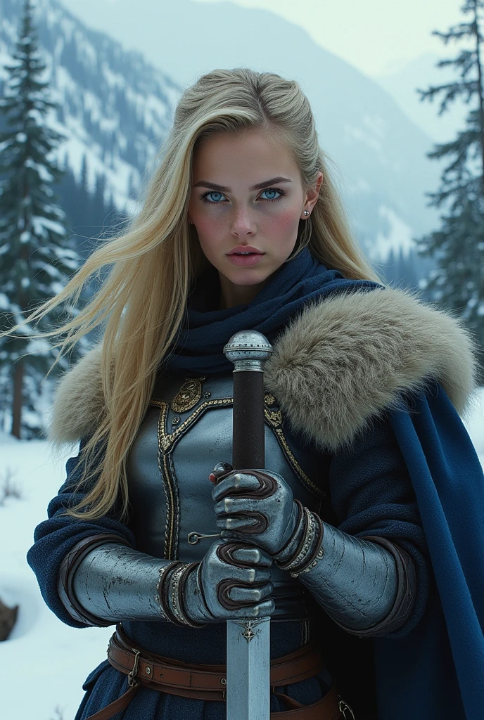 Face of a Viking warrior with a sword in her hand, blue colored eyes, pretty, blonde