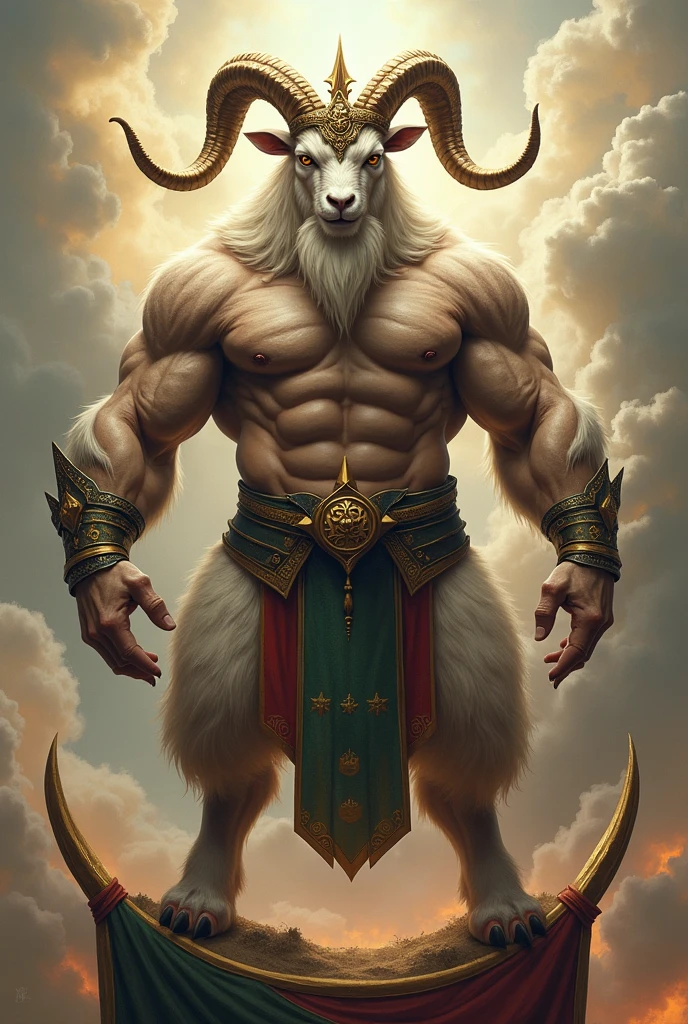 A muscular goat wearing a muscular crown and dressed like a god, stepping on two pennants, one green and the other red.