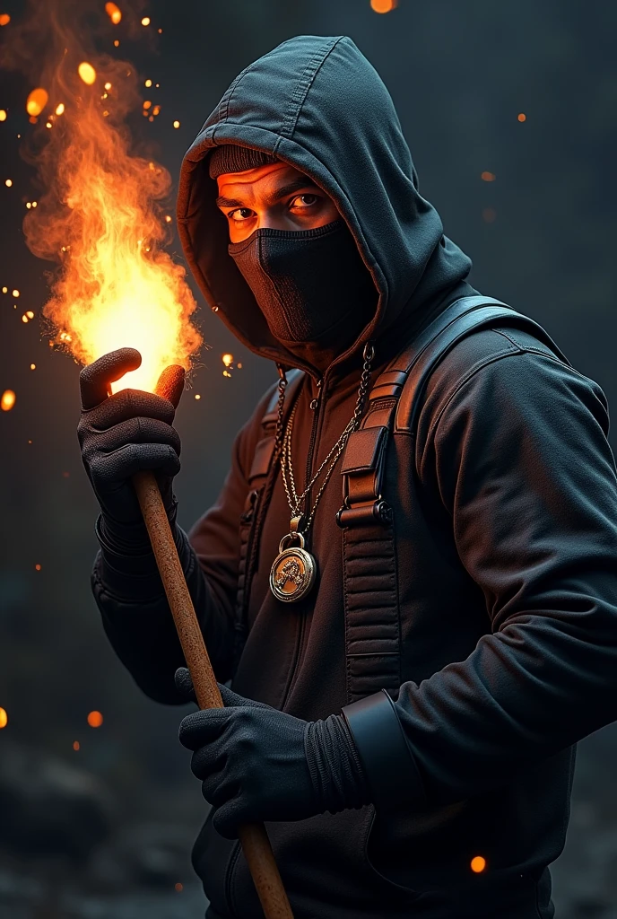 create a logo for dynamite it want to be realistic and it is blasting with a masked man holding a dynamite in his hand with a black panter wearing locket of logo of dynamite