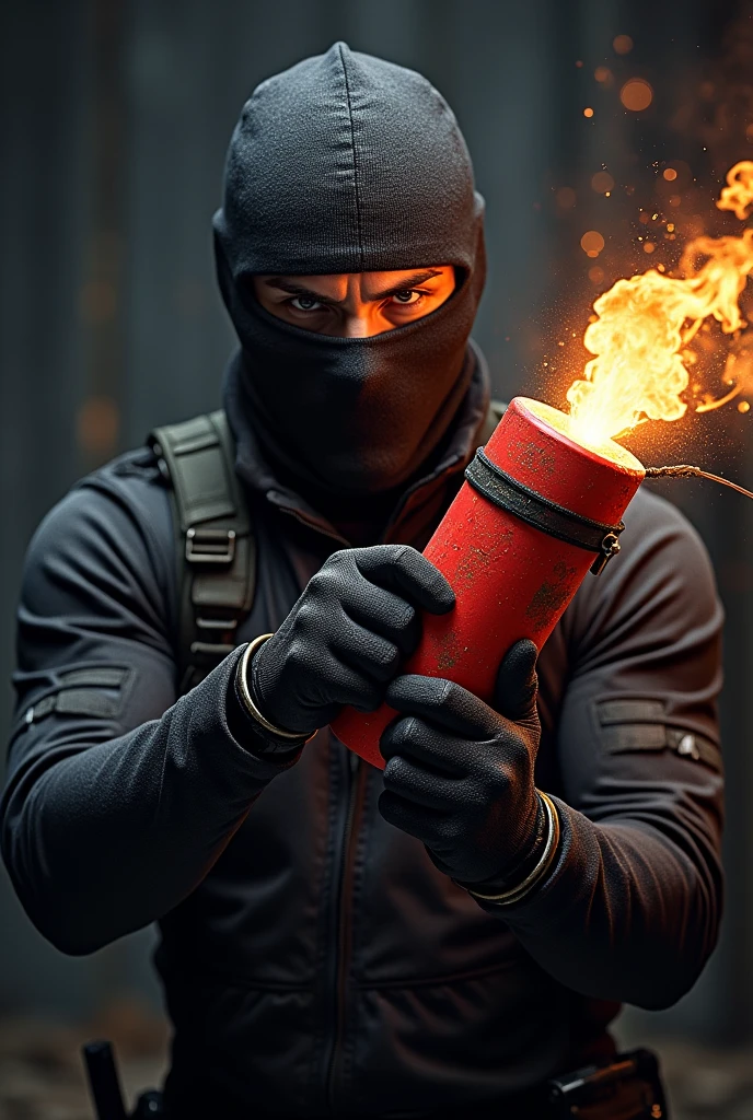 create a logo for dynamite it want to be realistic and it is blasting with a masked man holding a dynamite in his hand with a black panter wearing locket of logo of dynamite