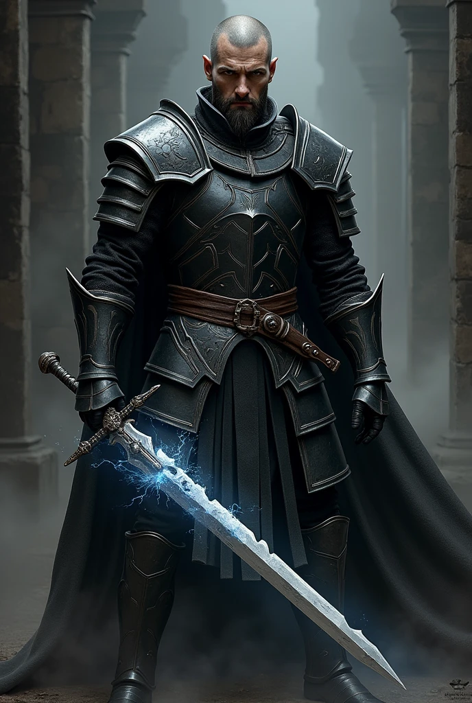 A 2 angry European warrior male with long buzzing hair and light brown eyes wearing full black armor holding a magical fragmented sword standing in a dark place looking to the left