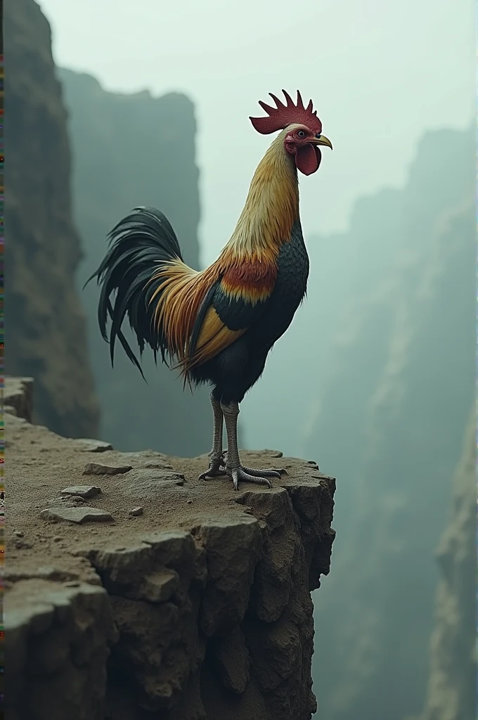 Create an image of a very weak rooster, almost featherless and crying. He is trying to balance himself, is almost falling off the edge of a cliff
