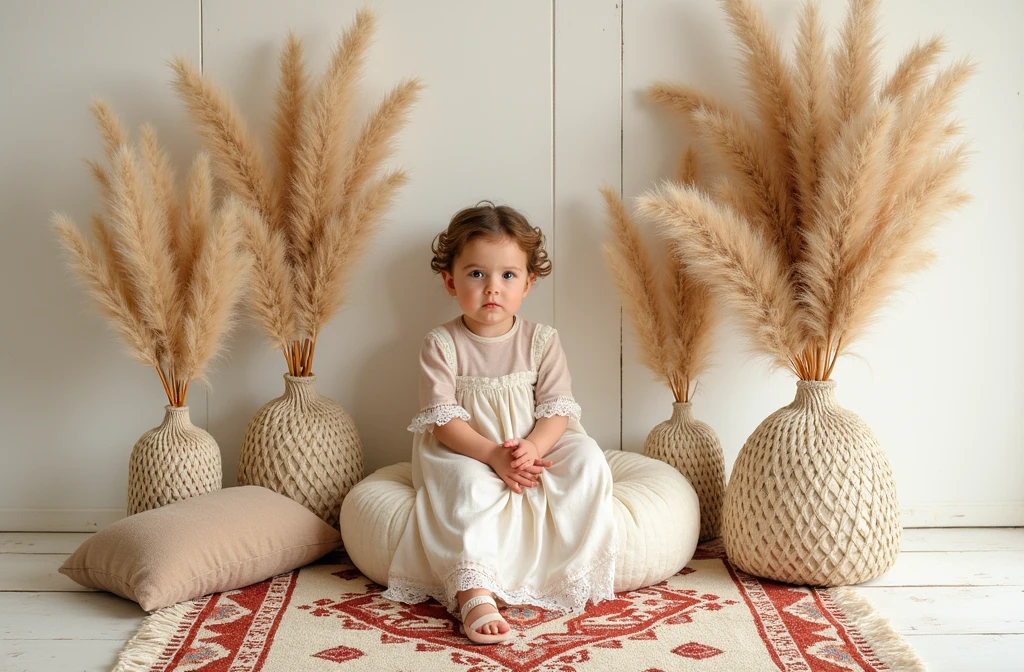there is a baby sitting on a rug in front of a bunch of dried plants, a portrait inspired by Laura Theresa Alma-Tadema, shutterstock contest winner, baroque, lovely bohemian princess, in a white boho style studio, rustic, photo taken with nikon d 7 5 0, photo taken with nikon d750, magical mood, ekaterina