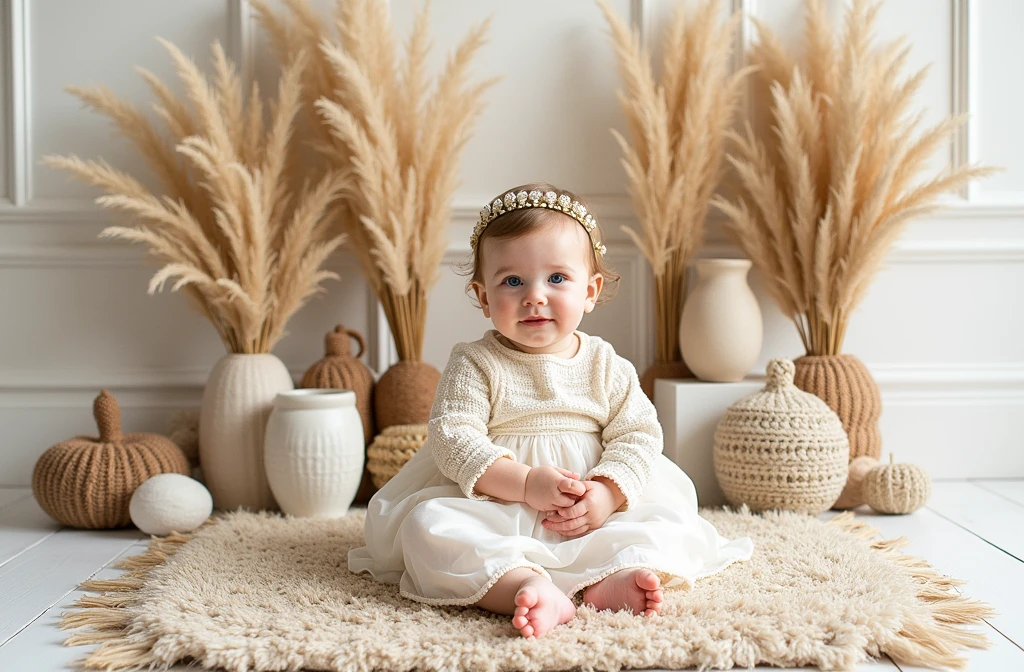 there is a baby sitting on a rug in front of a bunch of dried plants, a portrait inspired by Laura Theresa Alma-Tadema, shutterstock contest winner, baroque, lovely bohemian princess, in a white boho style studio, rustic, photo taken with nikon d 7 5 0, photo taken with nikon d750, magical mood, ekaterina