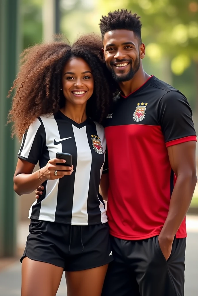  brown woman with a black and white Corinthians shirt and a black mini skirt with very curly hair and brown eyes holding a black cell phone and smiling with a brown man with a red and black Flamengo shirt with black shorts and smiling 