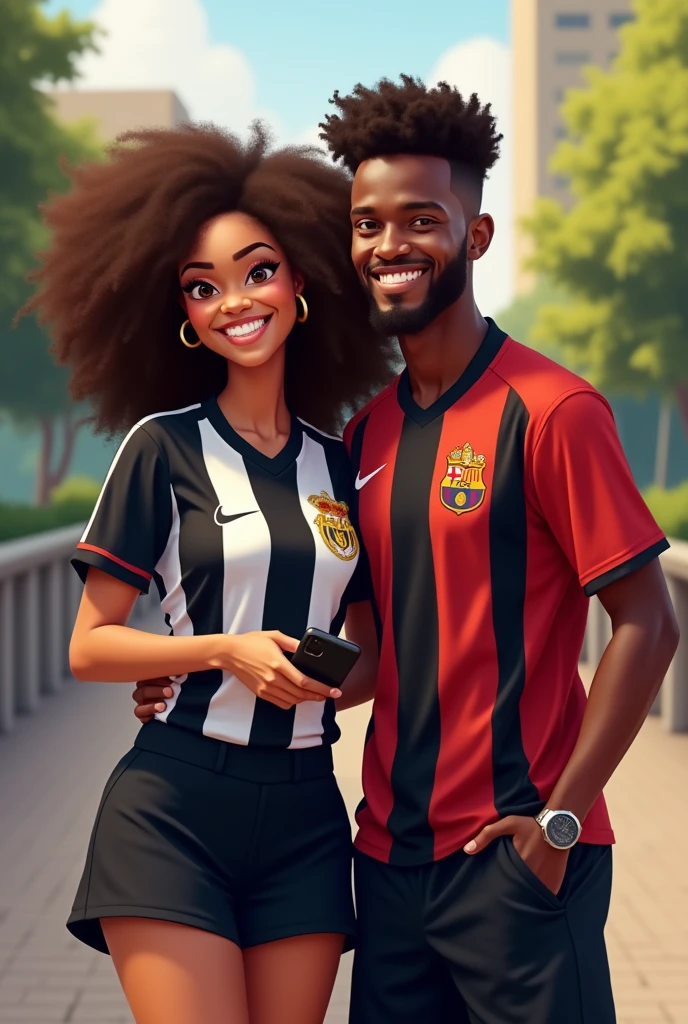 brown woman with a black and white Corinthians shirt and a black mini skirt with very curly hair and brown eyes holding a black cell phone and smiling with a brown man with a red and black Flamengo shirt with black shorts and smiling